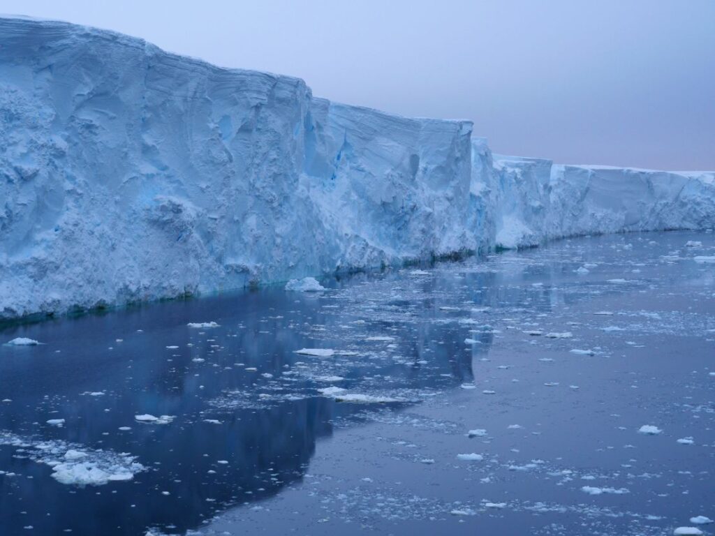 Photograph of the high cliffs of Thwaites Glacier taken by the British Antarctic Survey Twin Otter aircraft.